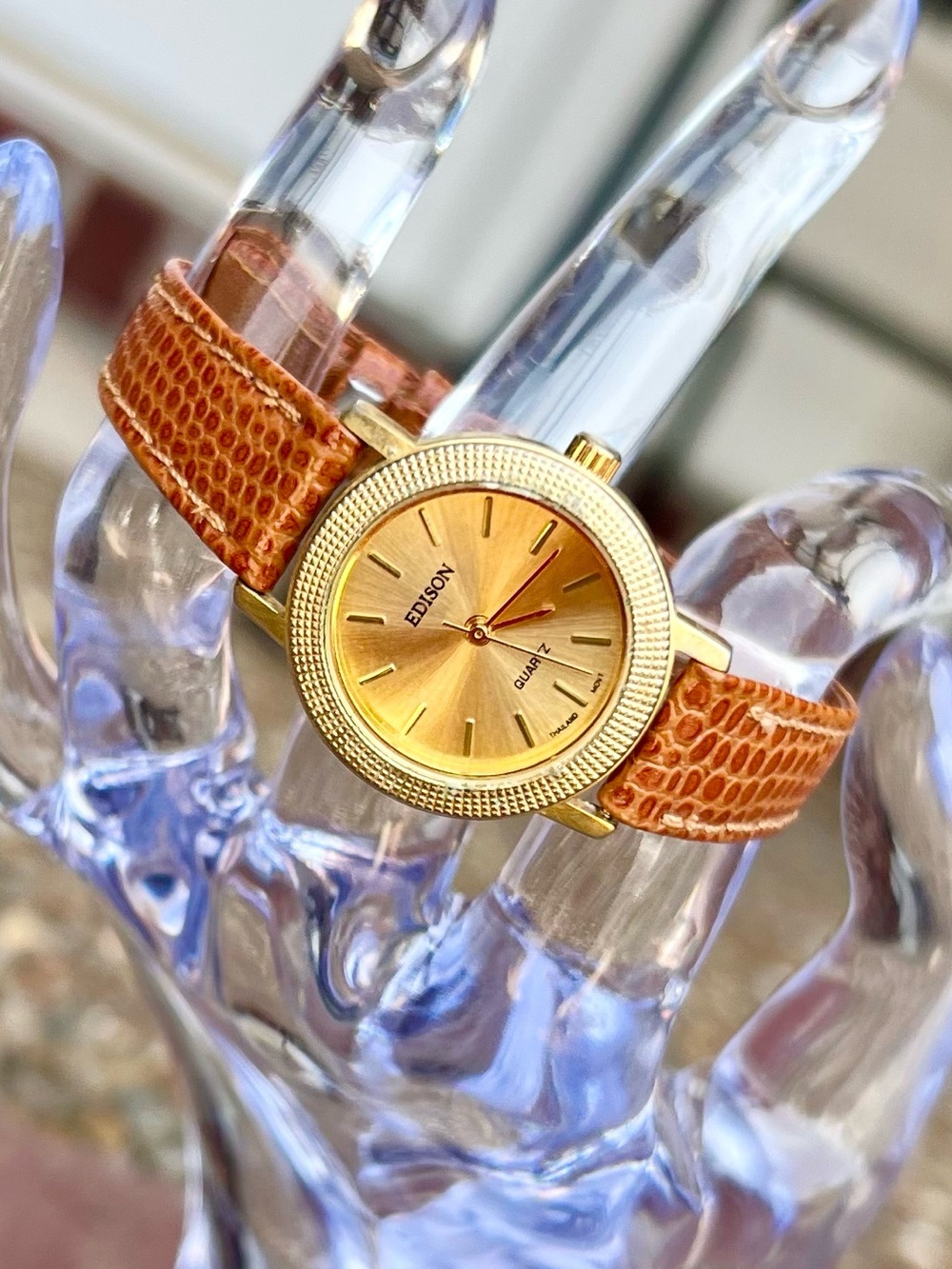 Vintage Edison Quartz Watch Gold Tone Thailand Movement Genuine Leather